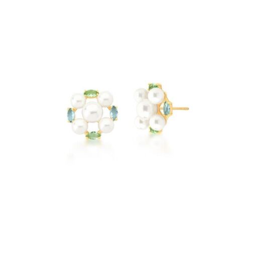 BRINCO FLOR COM ZIRCÔNIAS PRASIOLITA E PÉROLAS