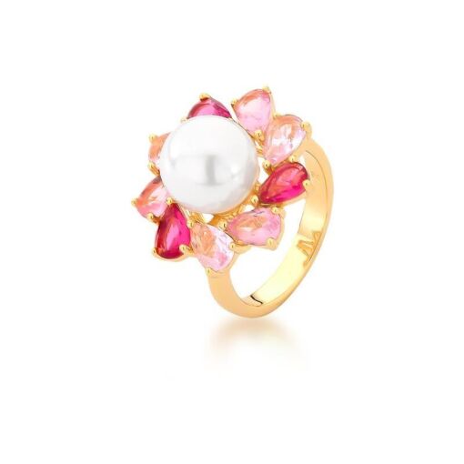 ANEL DE FLOR COM PÉROLA E CRISTAIS
