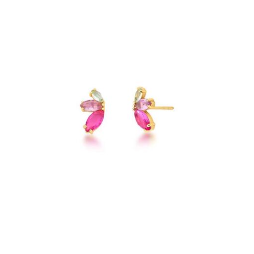 BRINCO TRÊS CRISTAIS NAVETES PEDRAS AZUL/ROSA /ROXA/BRANCA