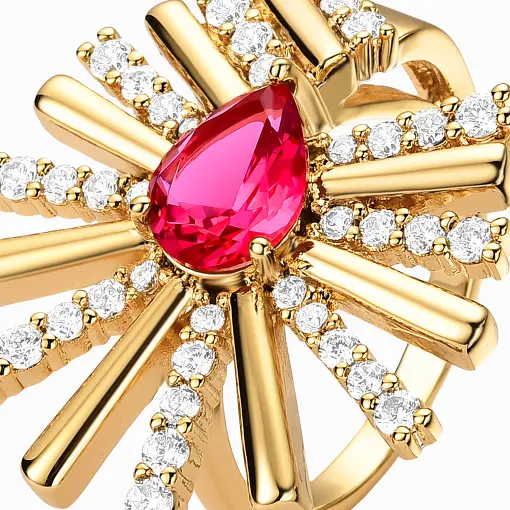 Anel folheado ouro 18k com rubi e zircônias
