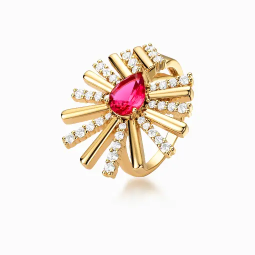 Anel folheado ouro 18k com rubi e zircônias