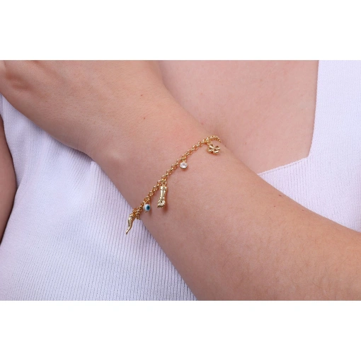 PULSEIRA COM FIGA, PIMENTA, TREVO, OLHO GREGO E PONTO DE LUZ