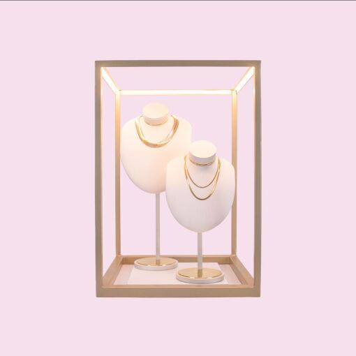 CUBO PARA VITRINE DOURADO COM ILUMINAÇÃO E EXPOSITORES G