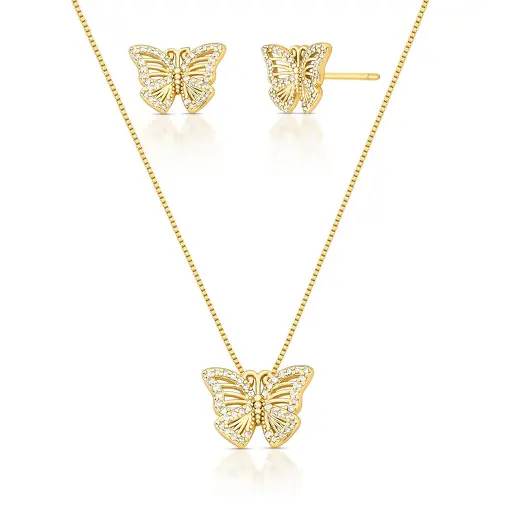 CONJUNTO BRINCO E COLAR DE BORBOLETA COM ZIRCÔNIAS