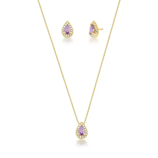 CONJUNTO COLAR E BRINCO DE GOTA COM CRISTAL BANHADO A OURO