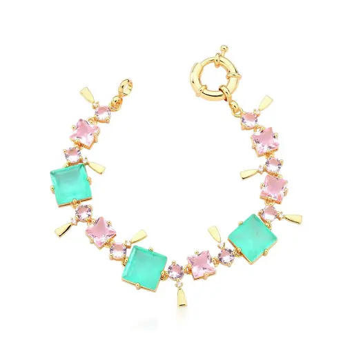 PULSEIRA COM CRISTAL TURMALINA FUSION E ROSA BANHADA A OURO