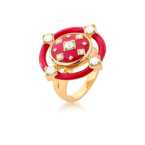ANEL VAZADO REDONDO ESMALTADO COM CRISTAIS BANHADO A OURO