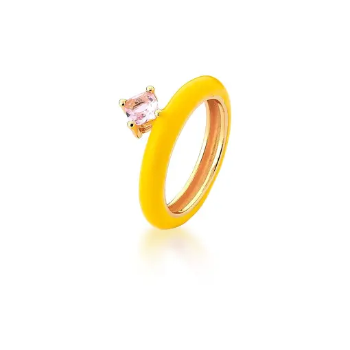 ANEL ESMALTADO AMARELO COM ZIRCÔNIA ROSA BANHADO A OURO
