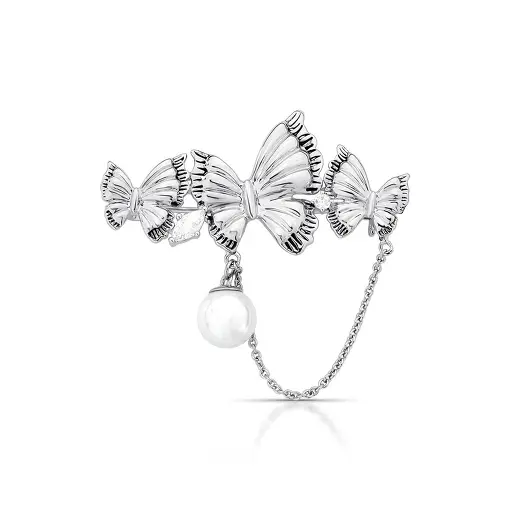 BROCHE DE BORBOLETA COM CRISTAL E PÉROLA SHELL BANHADO A RÓDIO