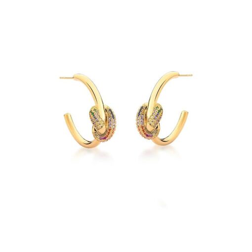 MEIA ARGOLA TRANÇADA COM ZIRCÔNIAS COLORIDAS BANHADA A OURO