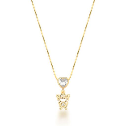 CORRENTE COM PINGENTE DE MENINA COM CORAÇÃO BANHADA A OURO