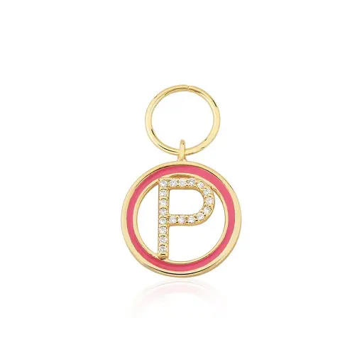 PINGENTE REDONDO COM LETRA "P" ESMALTADO ROSA BANHADA A OURO