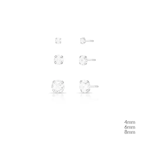 TRIO DE BRINCOS COM CRISTAL REDONDO EM PRATA LISA