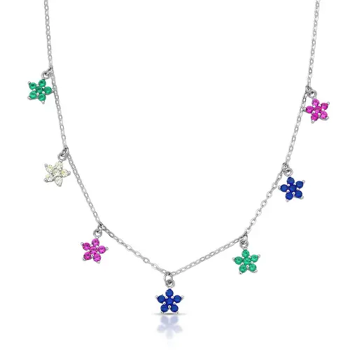 COLAR COM SETE FLORES EM ZIRCÔNIAS DISPERSAS PRATA RODINADA