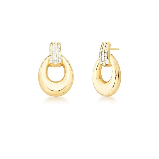 BRINCO OVAL VAZADO E ZIRCÔNIAS BANHADO A OURO