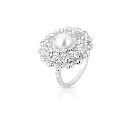 ANEL DE FLOR COM PÉROLA SHELL E ZIRCÔNIAS
