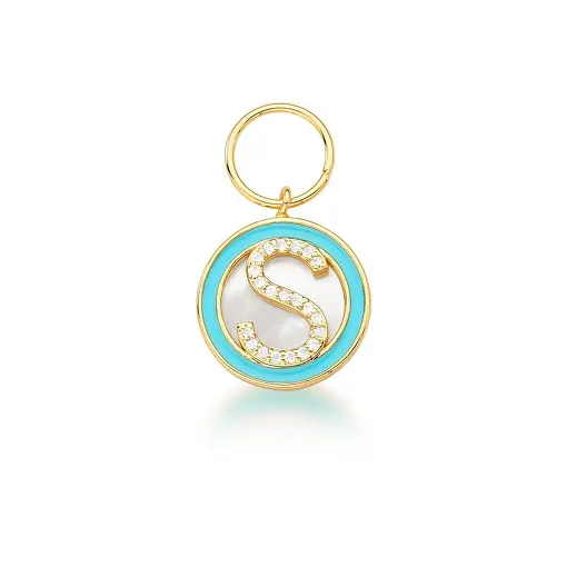 PINGENTE LETRA "S" EM MADREPÉROLA ESMALTADO AZUL BANHADO A OURO