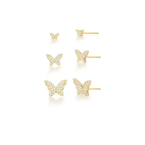 KIT TRÊS PARES DE BRINCO BORBOLETA ZIRCÔNIA BANHADA A OURO