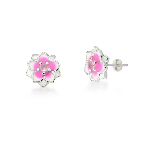 BRINCO KIDS DE FLOR ESMALTADO ROSA PRATA RODINADA