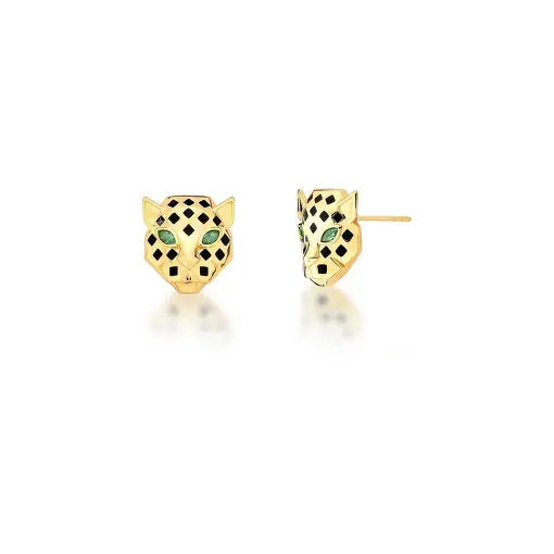 BRINCO DE LEOPARDO ESMALTADO PRETO E ZIRCÔNIAS BANHADO A OURO