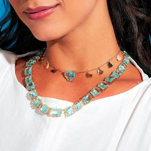 COLAR COM CRISTAL CORAÇÃO ROSA ESCURO BANHADO A OURO