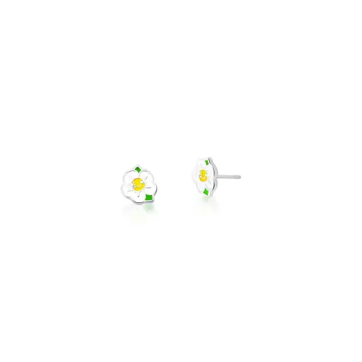 BRINCO DE FLOR ESMALTADO BRANCO E AMARELO PRATA LISA
