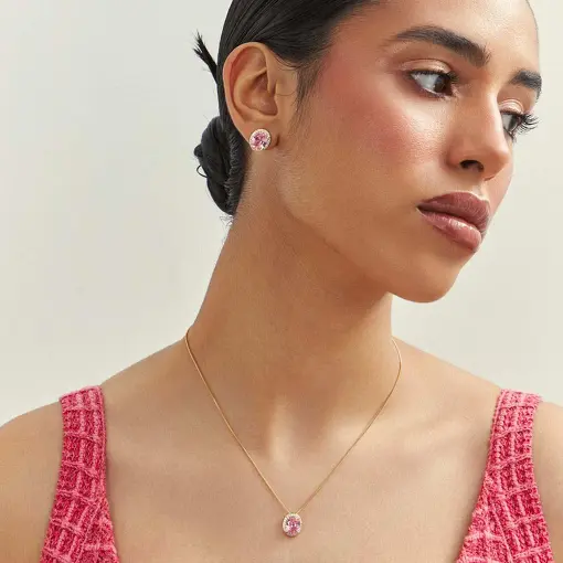 CONJUNTO BRINCO E COLAR COM PINGENTE DE CRISTAL E ZIRCÔNIAS