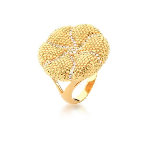 ANEL FLOR LISA COM ZIRCÔNIAS BRANCAS BANHADO A OURO