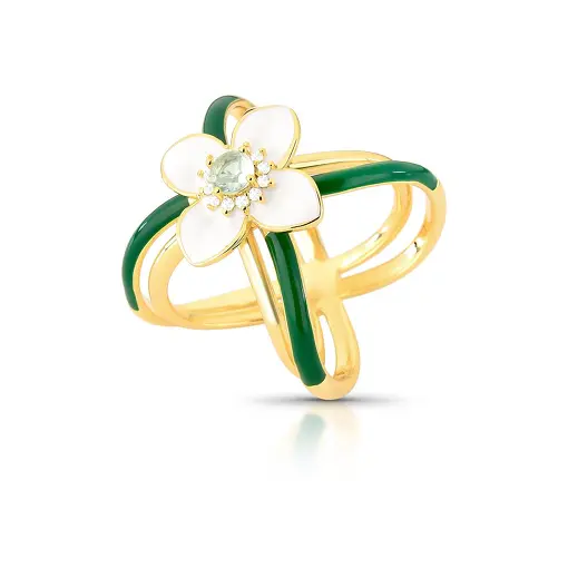 ANEL DE FLOR ESMALTADO COM CRISTAL E ZIRCÔNIA BANHADO A OURO
