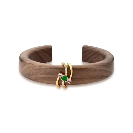 BRACELETE ABERTO EM MADEIRA JACARANDÁ BANHADO A OURO