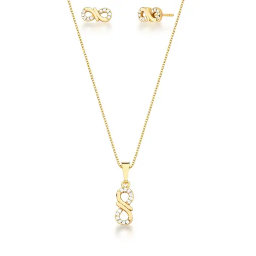 CONJUNTO COLAR E BRINCO SÍMBOLO DO INFINITO BANHADO A OURO