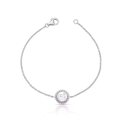 PULSEIRA COM ESCRITA "FÉ" E ZIRCÔNIAS PRATA RODINADA