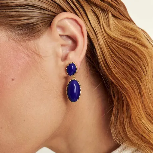 BRINCO OVAL NAVETE EM PÊNDULO COM PEDRA RECONSTITUÍDA