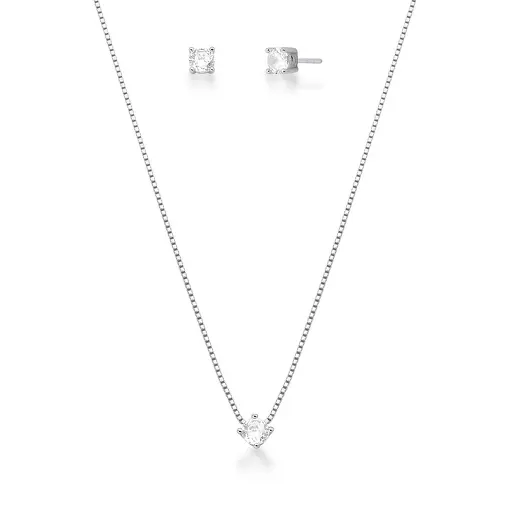 CONJUNTO COLAR E BRINCO COM CRISTAL PRATA RODINADA