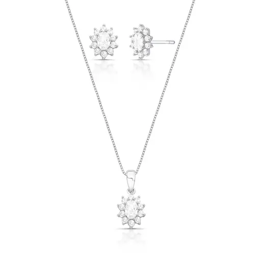 CONJUNTO DE BRINCO E PINGENTE DE FLOR COM CRISTAL E ZIRCÔNIAS