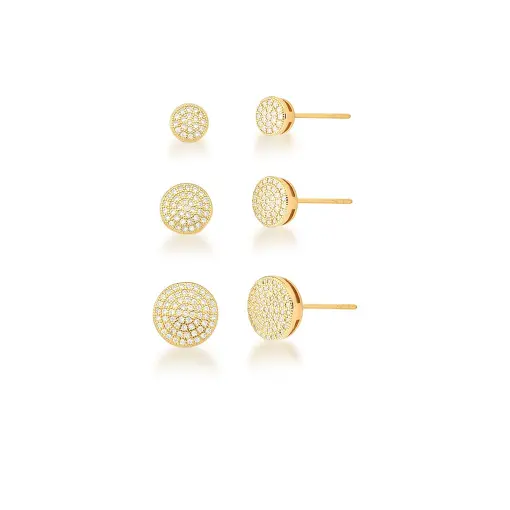 KIT TRÊS PARES DE BRINCO REDONDO COM ZIRCÔNIAS BANHADA A OURO