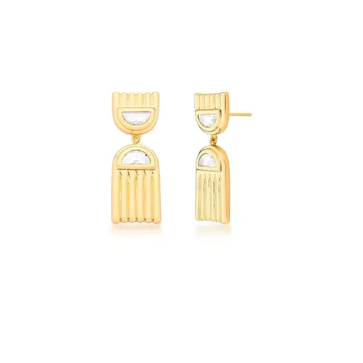 BRINCO PÊNDULO TEXTURIZADO E CRISTAL BANHADO A OURO