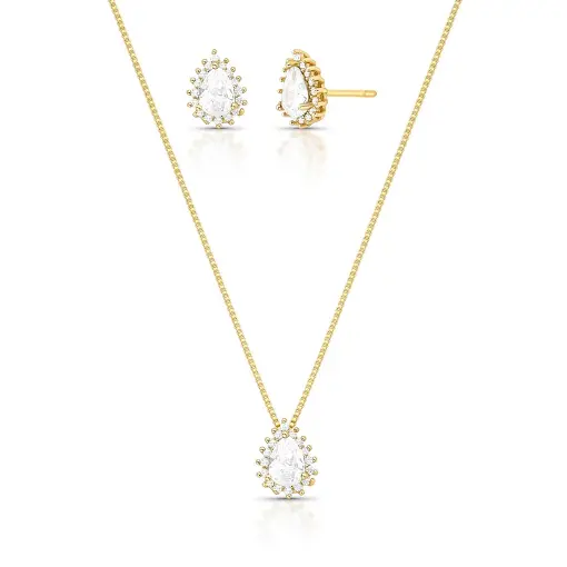 CONJUNTO BRINCO E COLAR DE GOTA COM CRISTAL E ZIRCÔNIAS