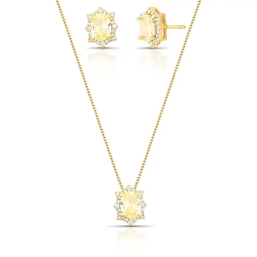 CONJUNTO BRINCO E COLAR COM CRISTAL OVAL E ZIRCÔNIAS