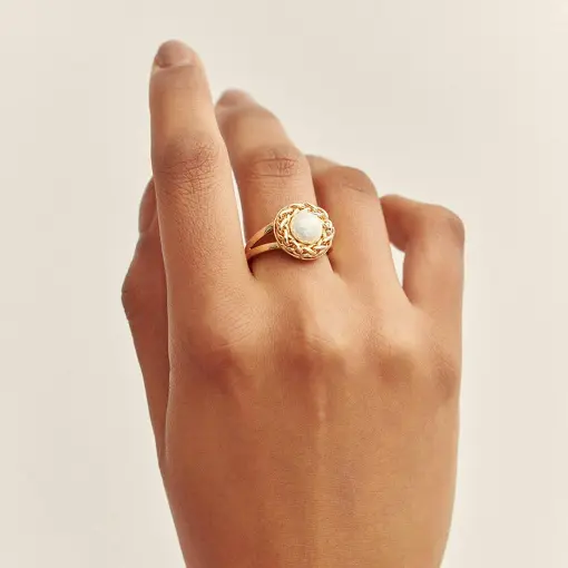 ANEL TRANÇADO E COM PÉROLA SHELL BANHADO A OURO