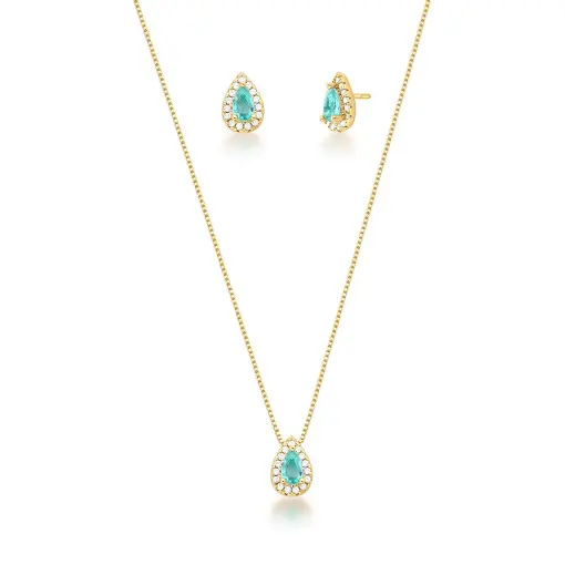 CONJUNTO COLAR E BRINCO DE GOTA COM CRISTAL BANHADO A OURO