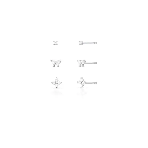 TRIO DE BRINCOS DE FLOR LAÇO E REDONDO PRATA RODINADA