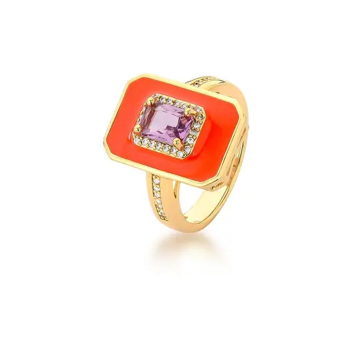 ANEL COM RETANGULAR ESMALTADO LARANJA E CRISTAL BANHADO A OURO
