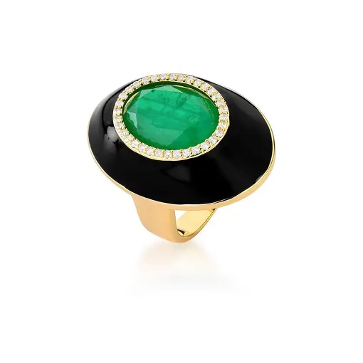 ANEL OVAL COM CRISTAL ESMERALDA ESMALTADO PRETO BANHADO A OURO