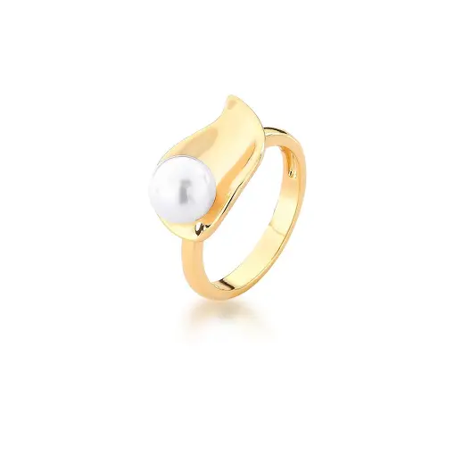 ANEL DE FOLHA LISA E PÉROLA SHELL BANHADO A OURO