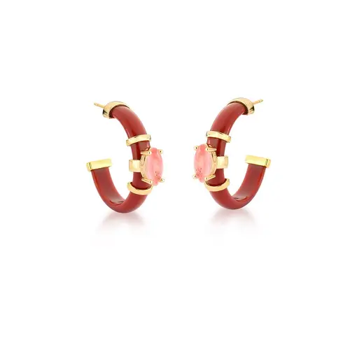 MEIA ARGOLA RESINA MARROM E CRISTAL ROSA BANHADA A OURO