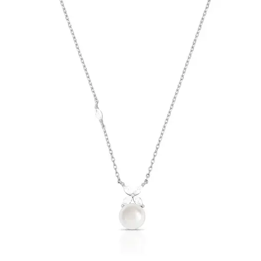 COLAR COM FLOR EM CRISTAIS E PÉROLA SHELL PRATA RODINADA