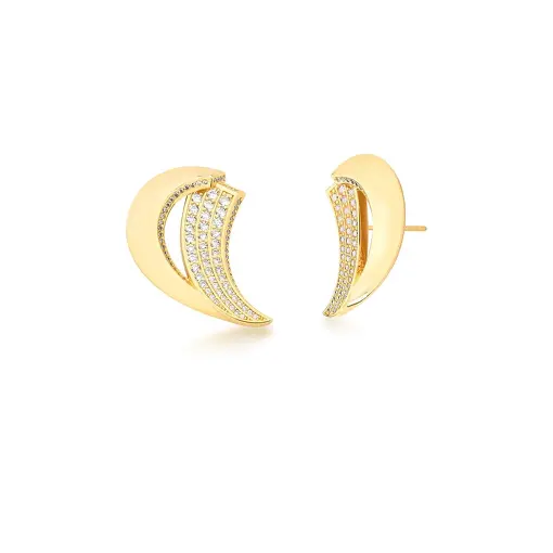 BRINCO CURVO DE ASA LISO E CRAVEJADO DE ZIRCÔNIAS BANHADO A OURO