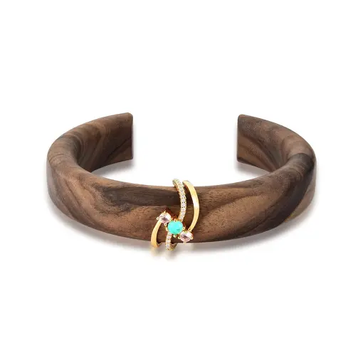 BRACELETE ABERTO MADEIRA JACARANDÁ COM ZIRCÔNIAS BANHADO A OURO
