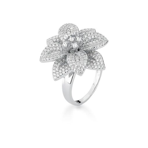 ANEL DE FLOR COM ZIRCÔNIAS BRANCAS BANHADA A RÓDIO